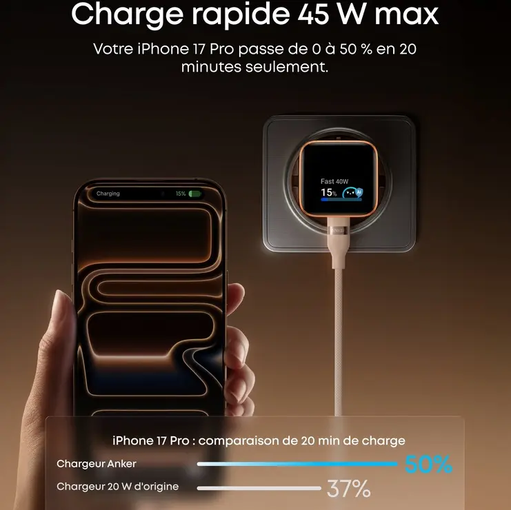 CHARGEUR USB-C ANKER NANO A121D ULTRA FAST CHARGER AFFICHAGE INTELLIGENT (NO CABLE) 45W BLUE